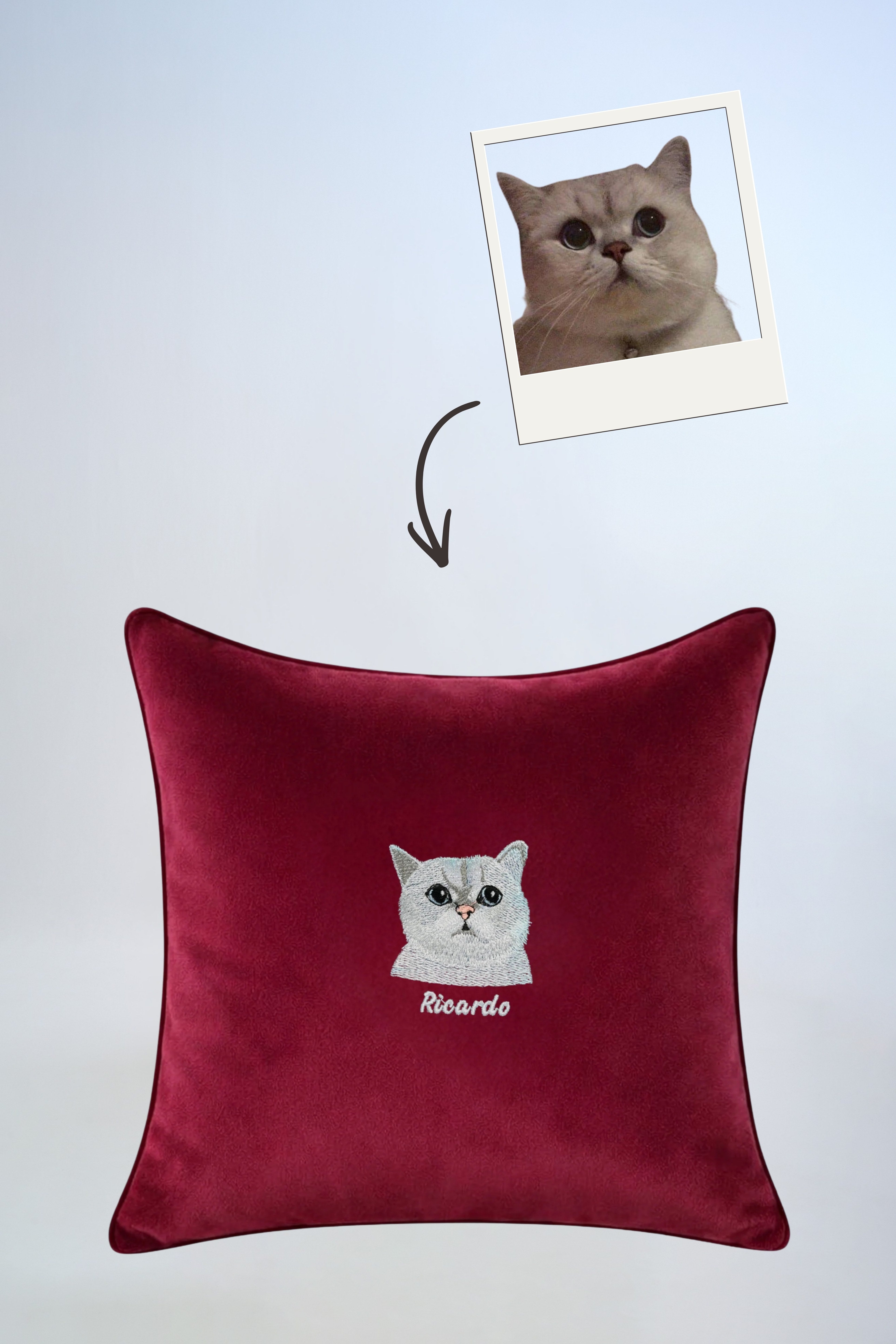 Pet Portre Nakışlı Bordo Kadife Kırlent