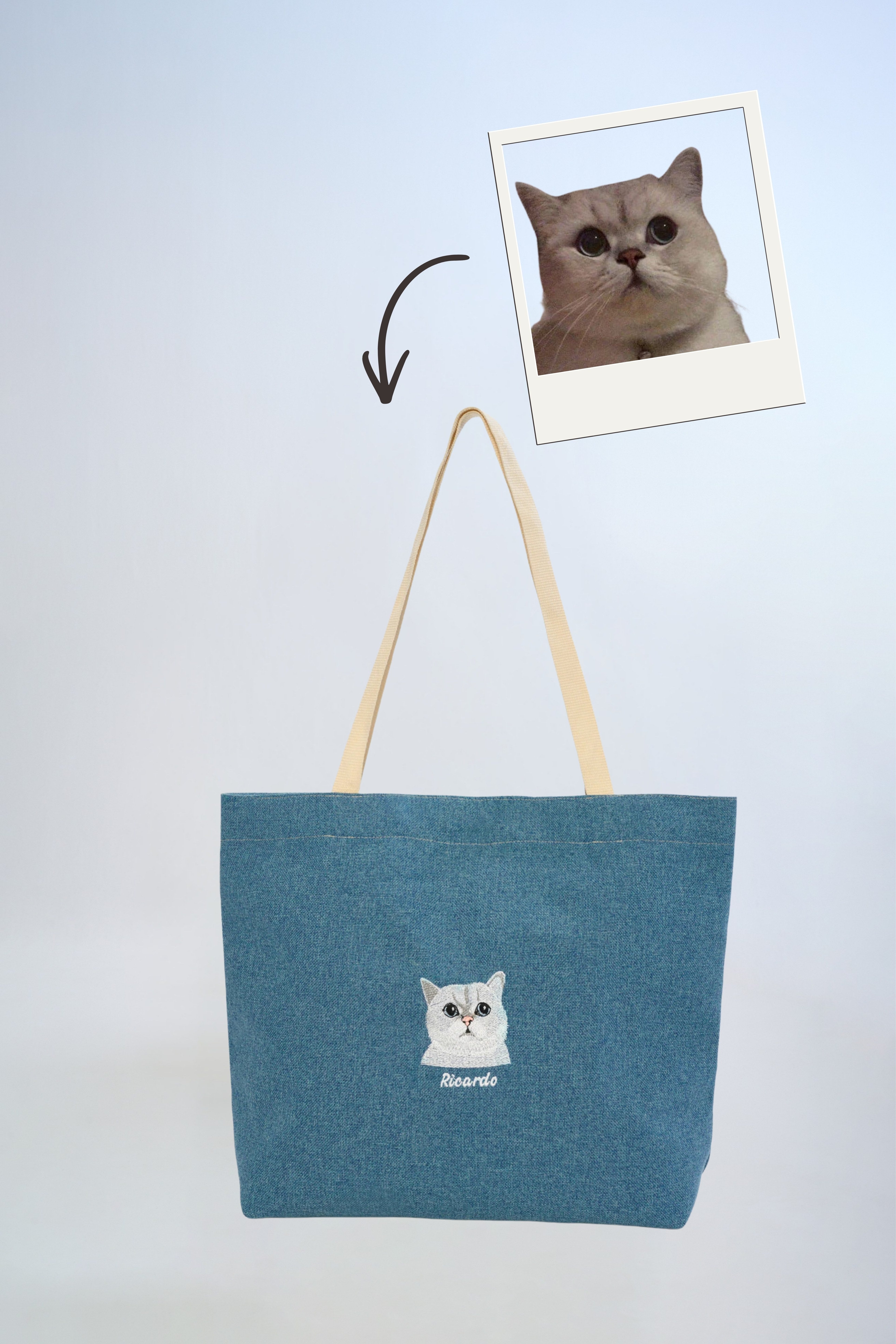 Pet Portre Nakışlı Mavi Keten Tote Çanta