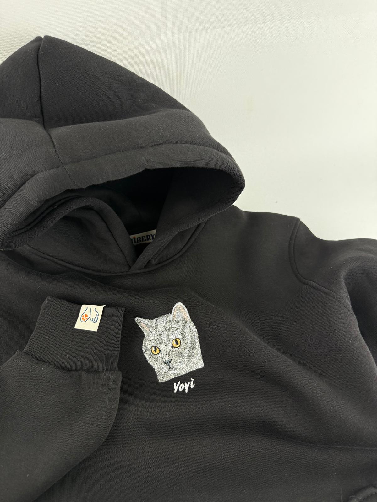 Pet Portre Nakışlı Siyah Oversize Hoodie