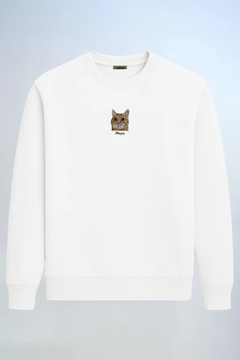 Pet Portre Nakışlı Beyaz Sweatshirt