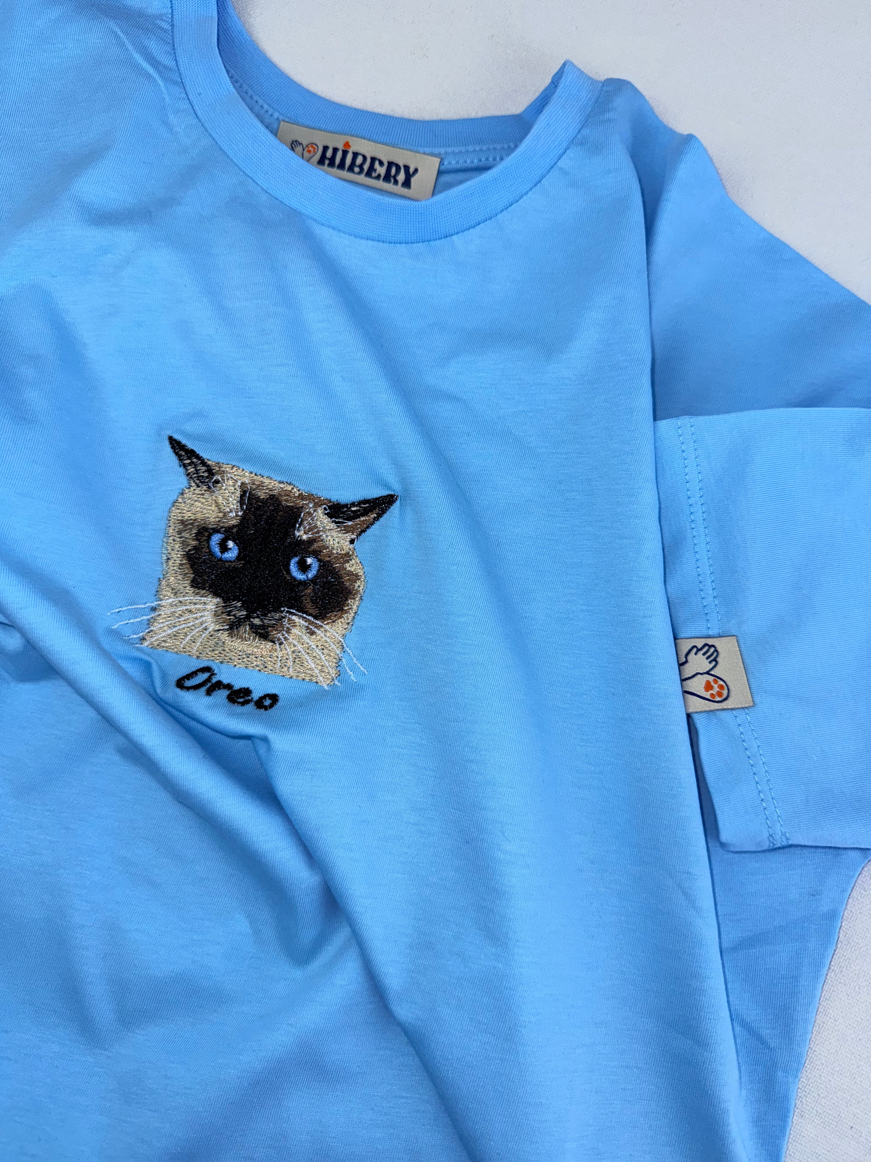 Pet Portre Nakışlı Mavi Oversize Tişört