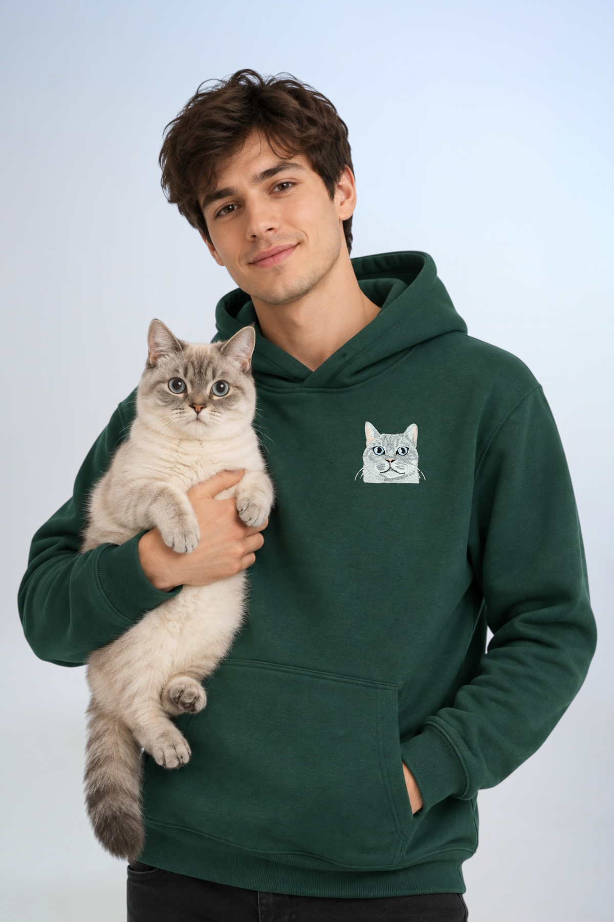 Pet Portre Nakışlı Nefti Yeşil Hoodie