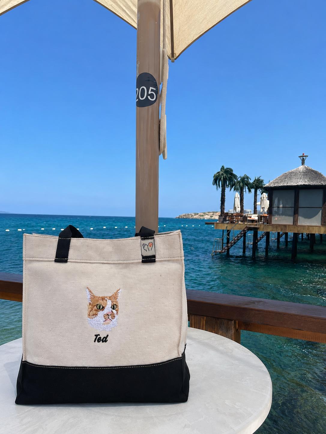 Pet Portre Nakışlı Siyah Mini Kanvas Çanta