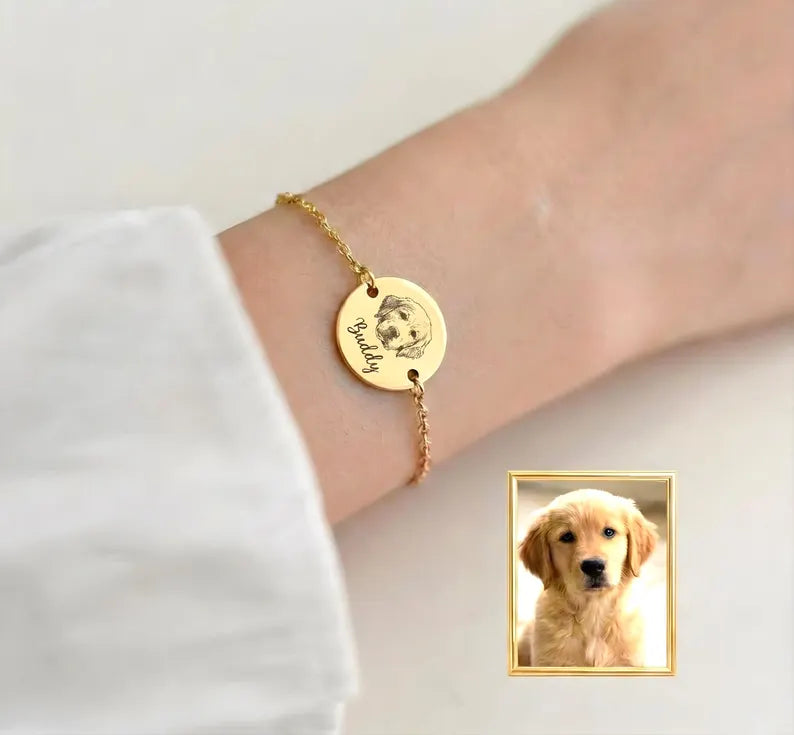 Pet Portre İşlemeli Altın Renkli 925 Ayar Gümüş Bileklik