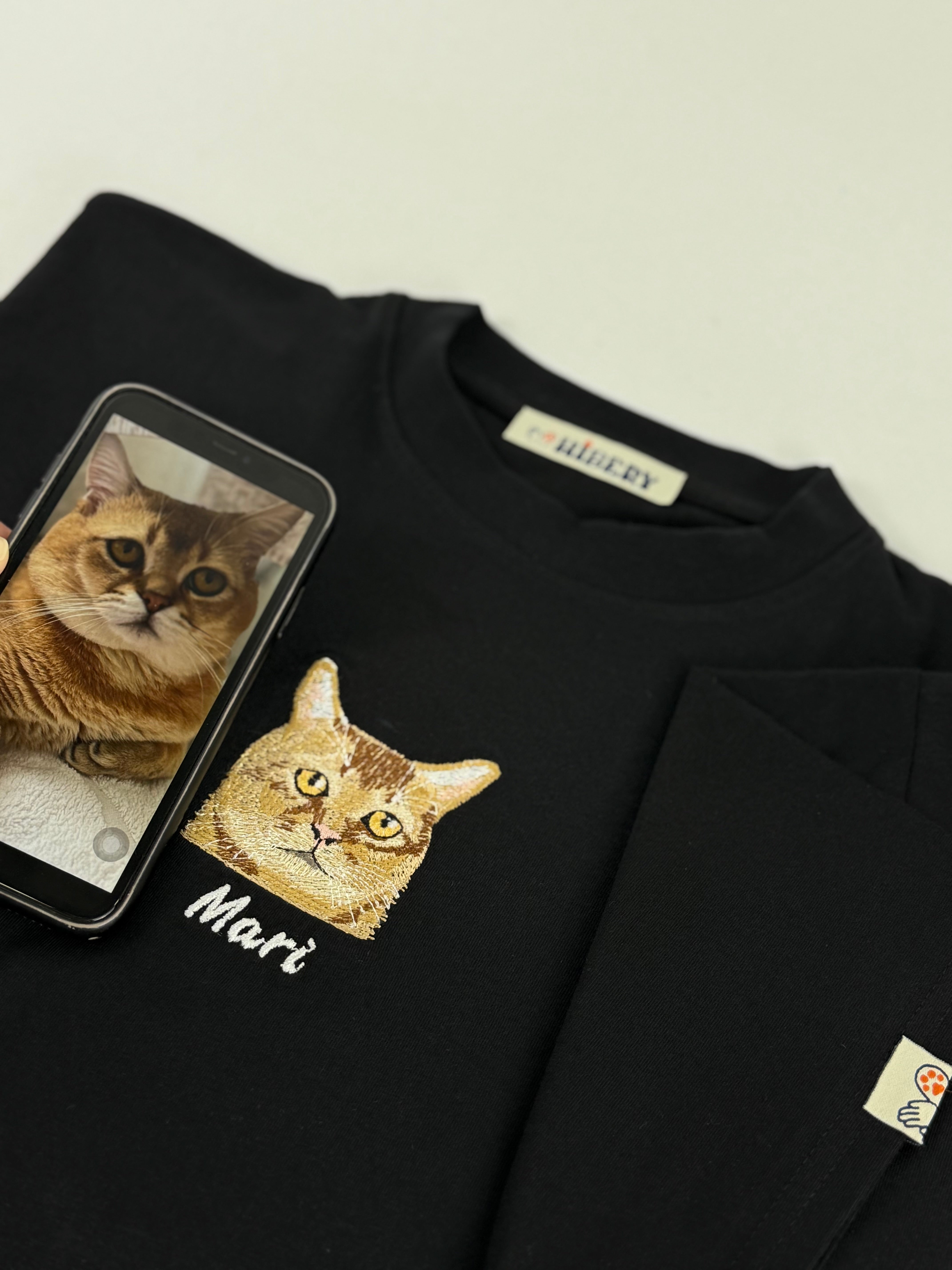 Pet Portre Nakışlı Siyah Oversize Tişört