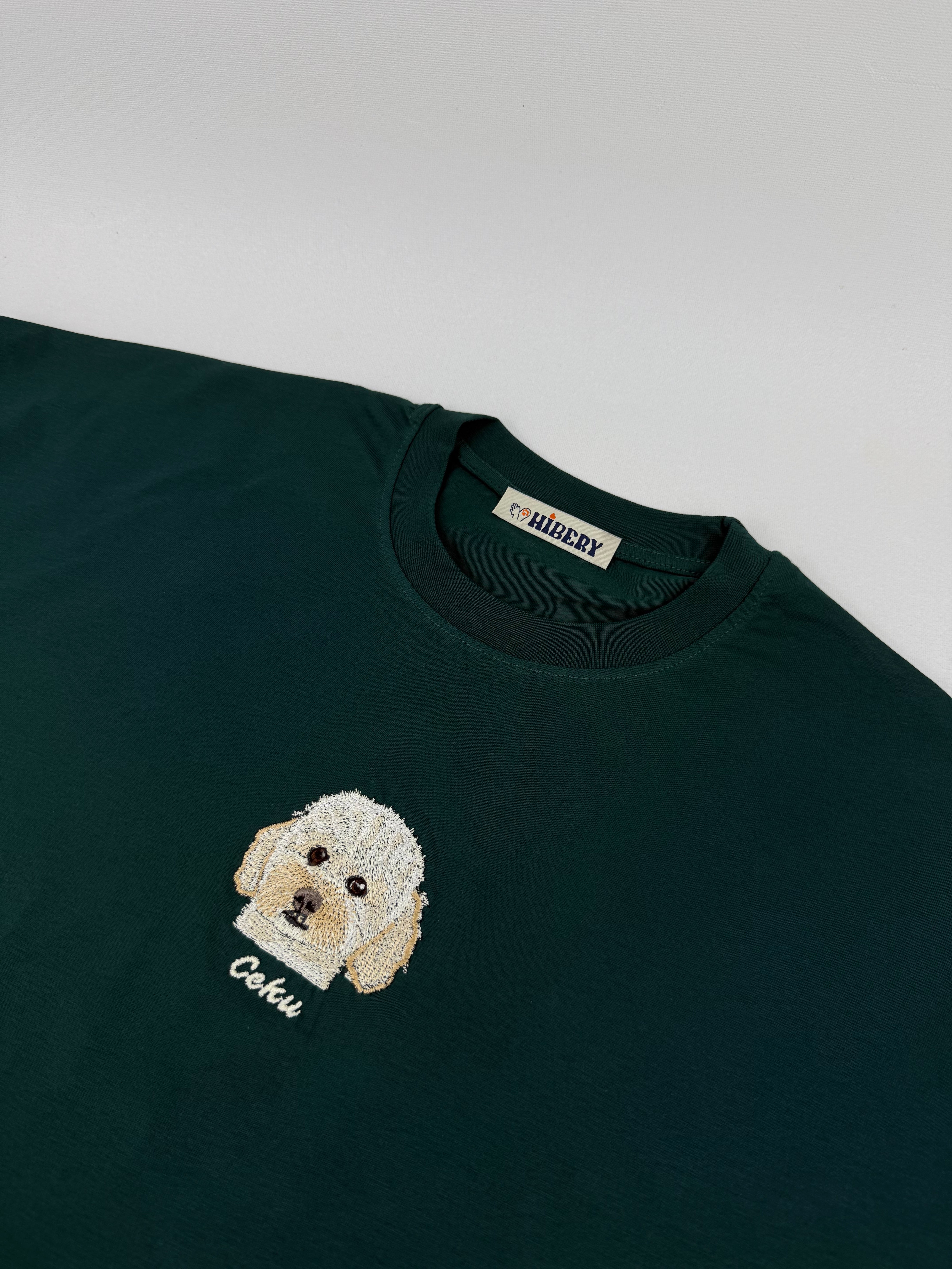Pet Portre Nakışlı Yeşil Oversize Tişört