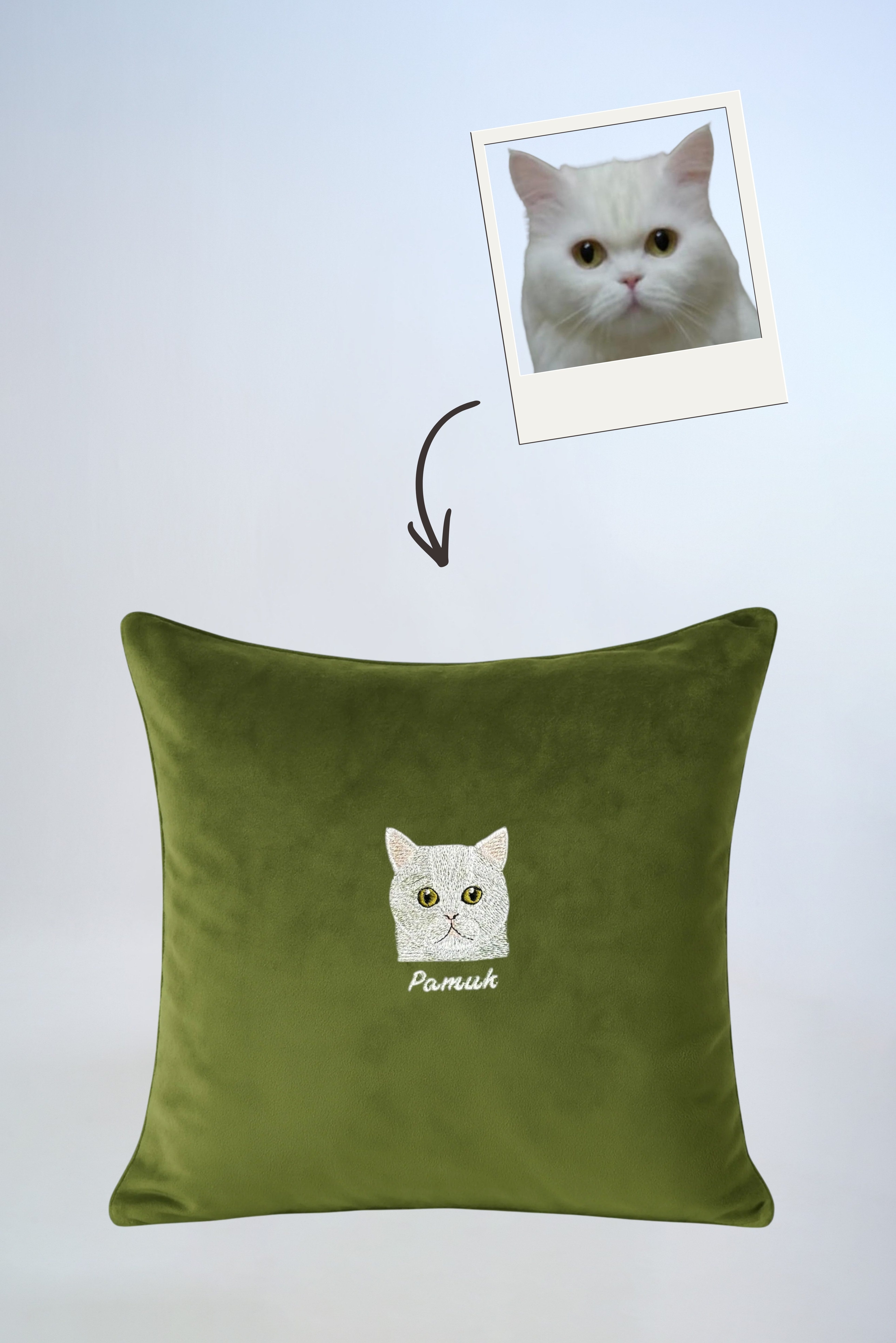 Pet Portre Nakışlı Yeşil Kadife Kırlent