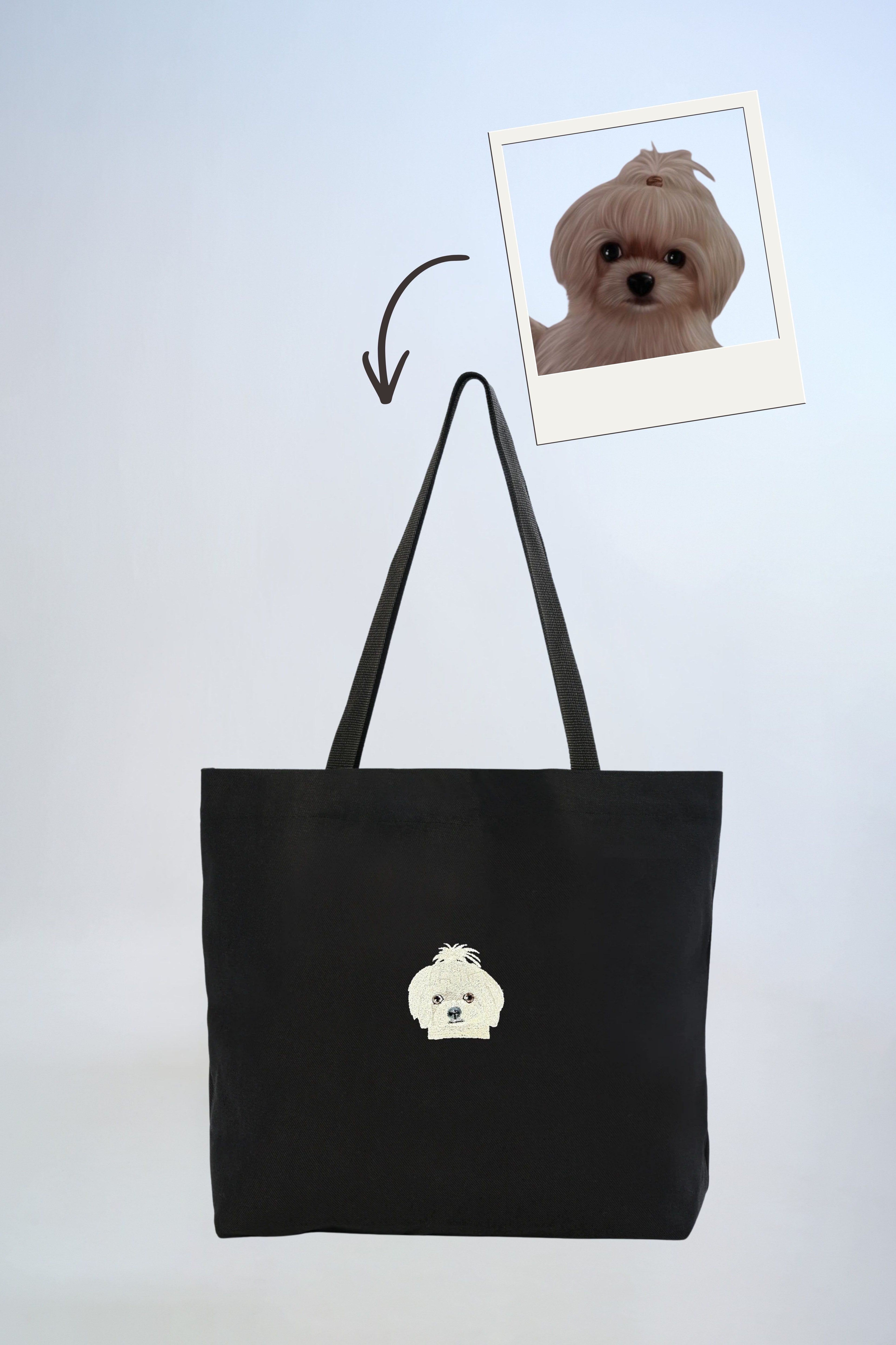 Pet Portre Nakışlı Siyah Keten Tote Çanta