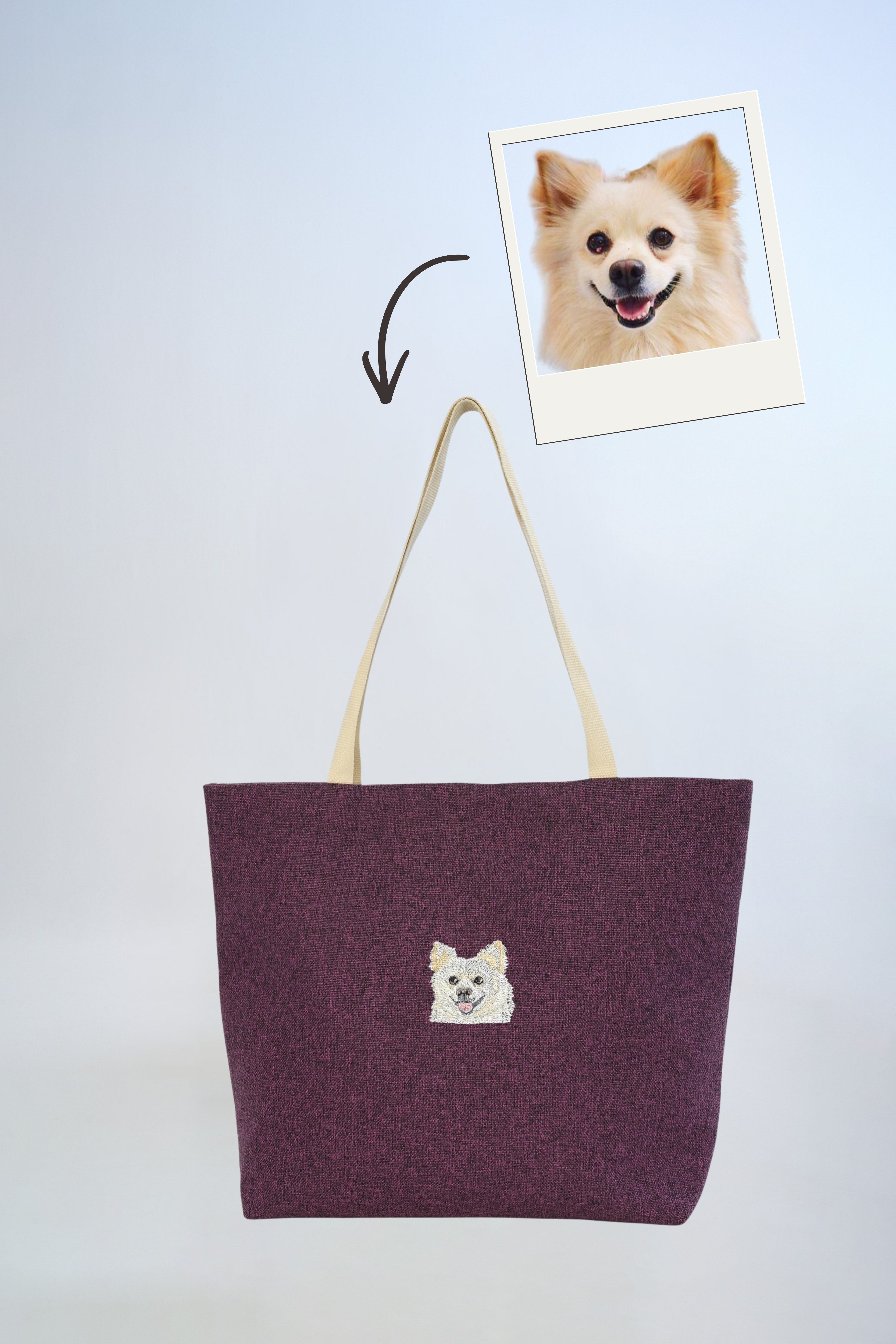 Pet Portre Nakışlı Mor Keten Tote Çanta