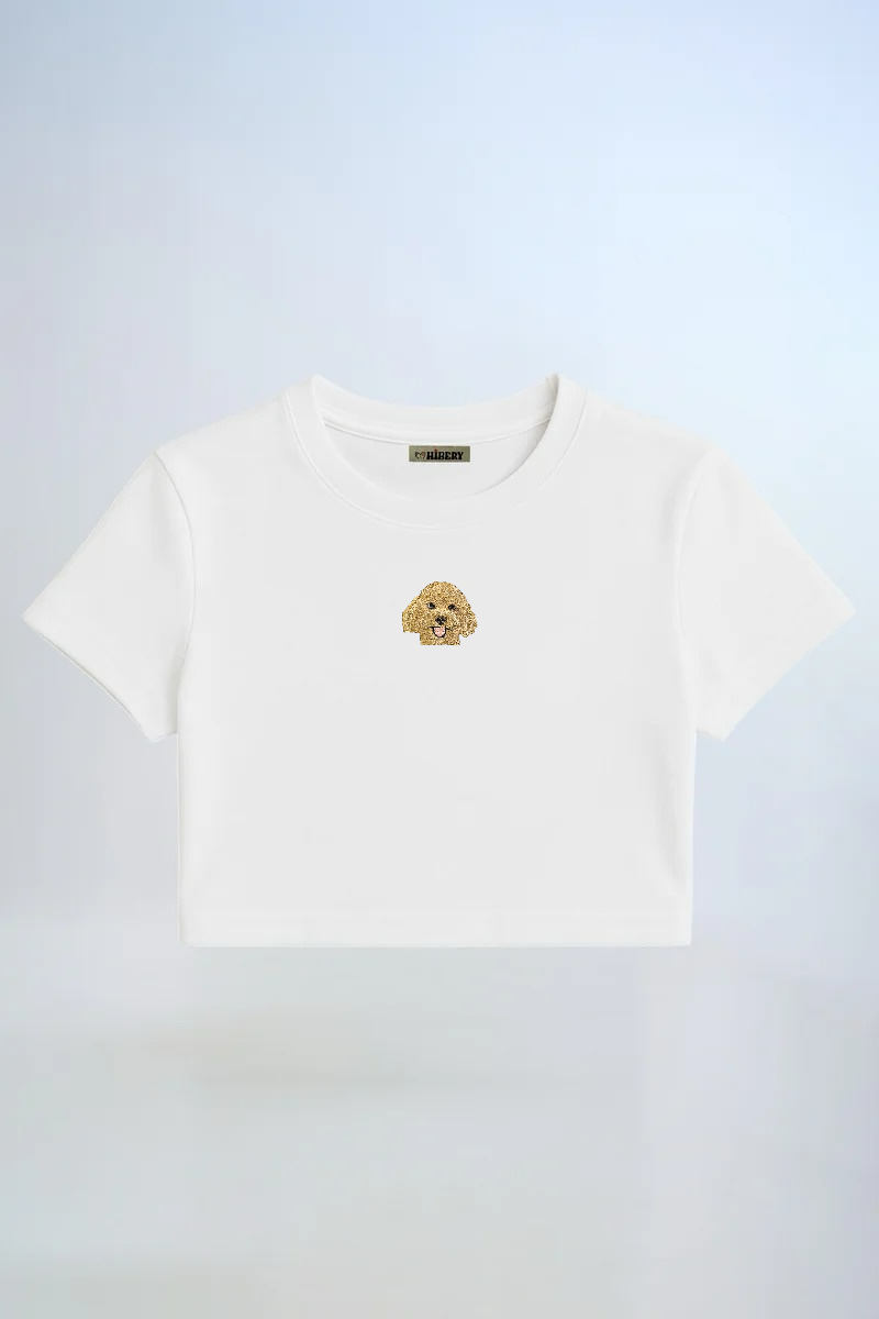 Pet Portre Nakışlı Beyaz Crop Tişört
